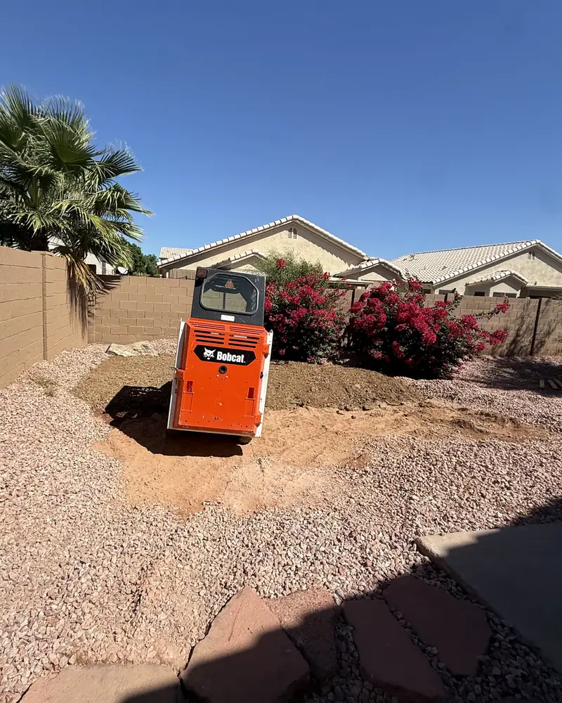 Compact loader on a graded backyard pad with a block wall, palm tree and flowering shrubs behind it